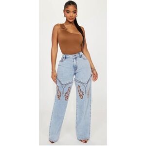 Fashion Nova Lets Ride Western Boot Convertible Straight Leg Jeans Light Wash 16